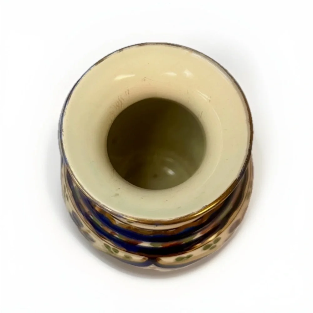 Vintage Hand Painted Floral Majolica Holland gilded Cobalt Blue Pot Vase 7” - Picture 4 of 4